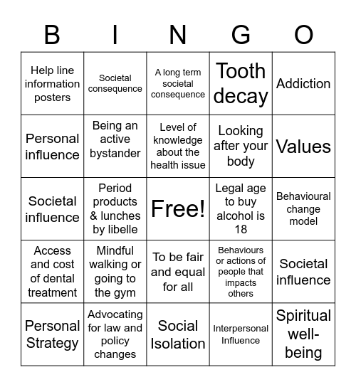 Health Concepts Bingo Card