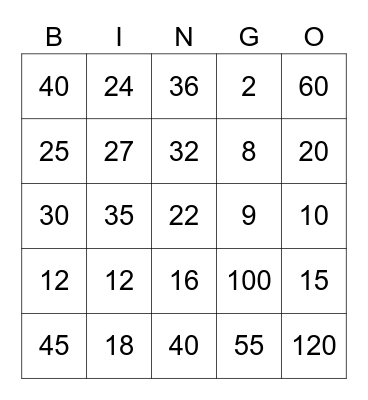 Time Tables Bingo Card