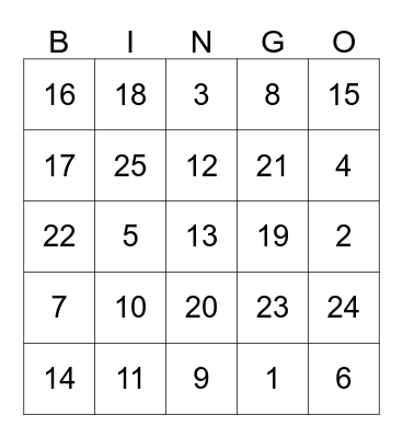 Back to Numbers Bingo Card