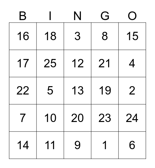 Back to Numbers Bingo Card