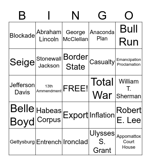 Civil War Bingo Card