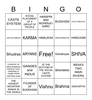 ANCIENT INDIA Bingo Card