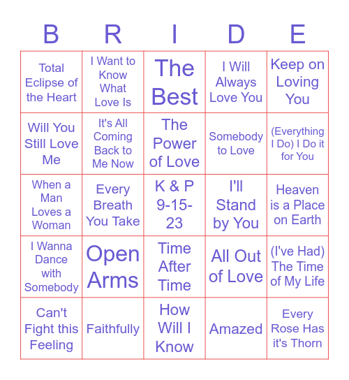 K & P Bridal Bingo Card
