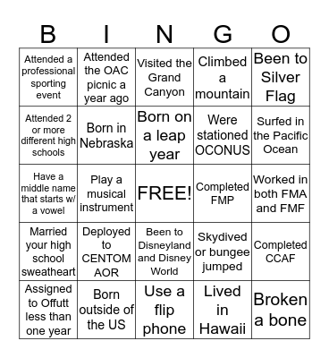 Have You? Were You? Do you? Bingo Card