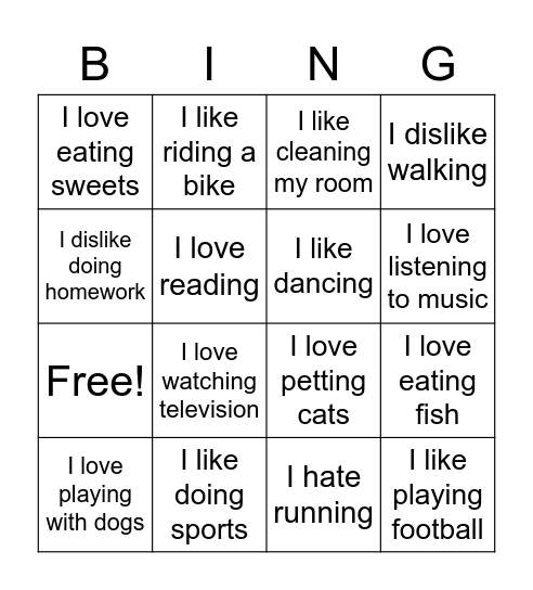 Likes and dislikes Bingo Card