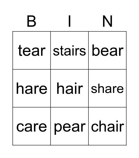/air/ /ear/ /are/ BINGO! Bingo Card