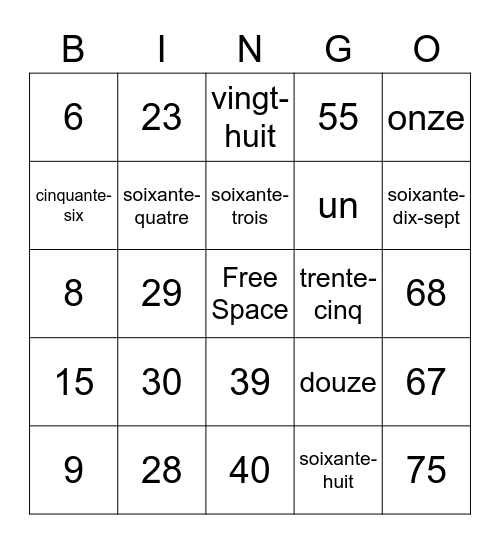 French Numbers Bingo 0-100 Bingo Card