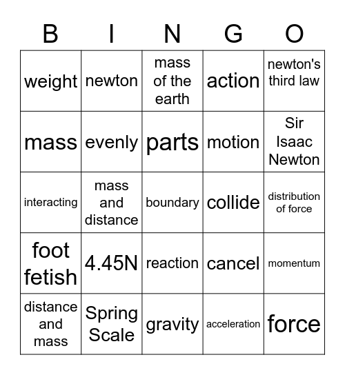 Newton's 3rd Law Bingo Card