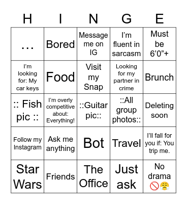 Online Dating Bingo Card