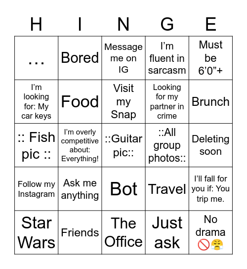 Online Dating Bingo Card