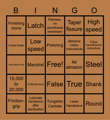 Handpieces and Accessories Bingo Card