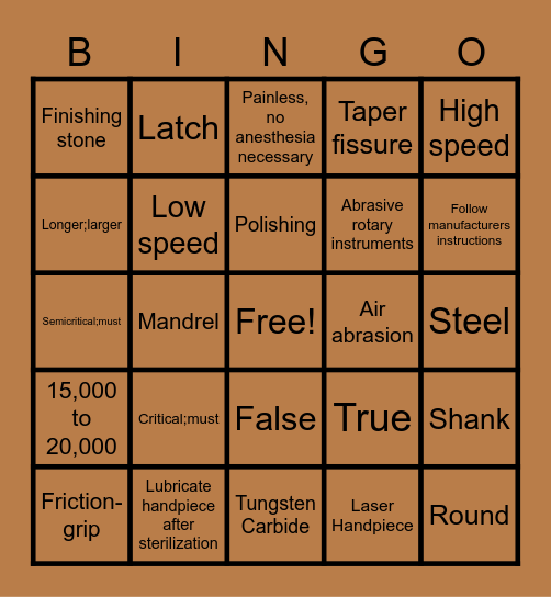 Handpieces and Accessories Bingo Card