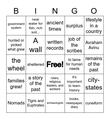 History Review- Unit #1 Bingo Card