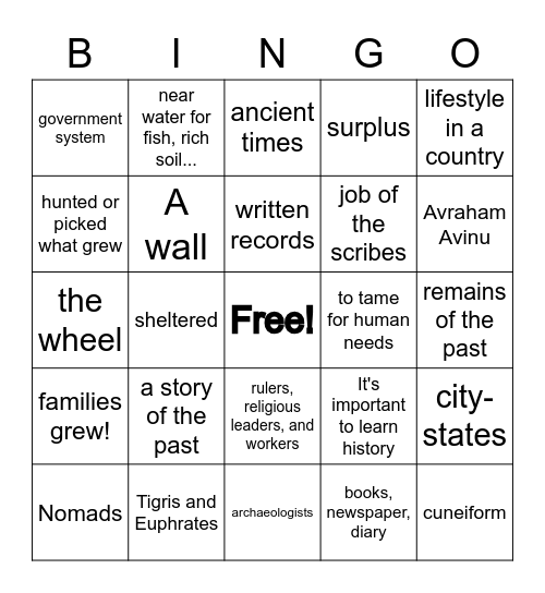 History Review- Unit #1 Bingo Card