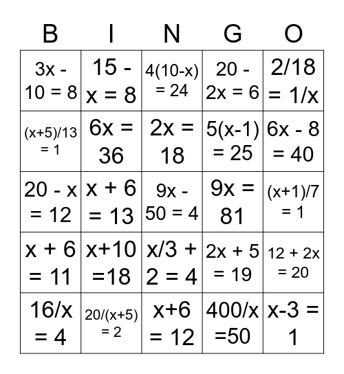 equation Bingo Card