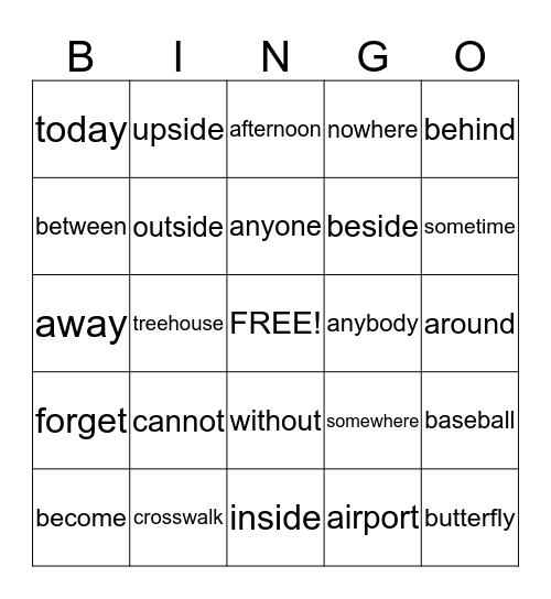 Compound WordBingo Card