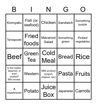 Keio Plaza Mystery Meals Bingo Card