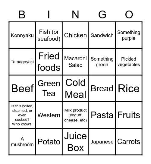 Keio Plaza Mystery Meals Bingo Card