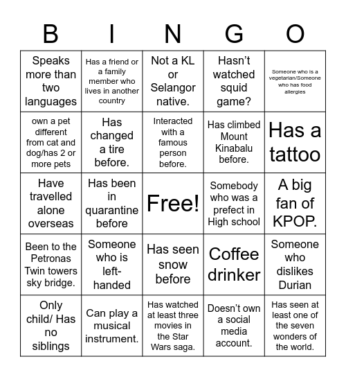 Diversity Bingo Card