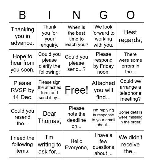 Writing Emails Bingo Card