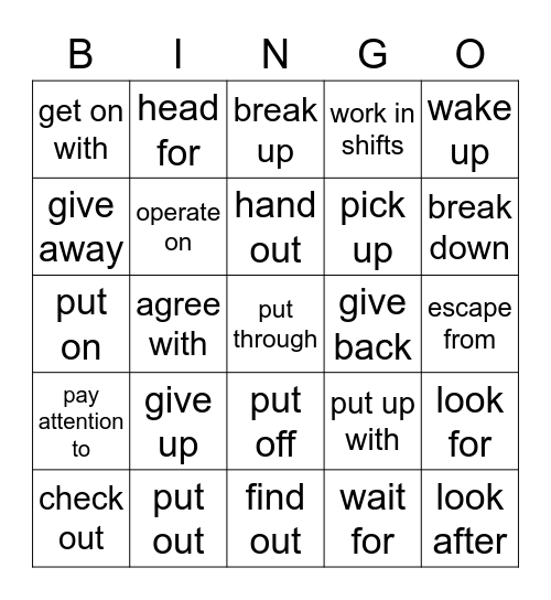 Phrasal verbs and Prepositions Bingo Card