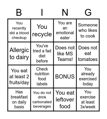 Warm-up Bingo Card