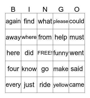 Sight Word Bingo Card