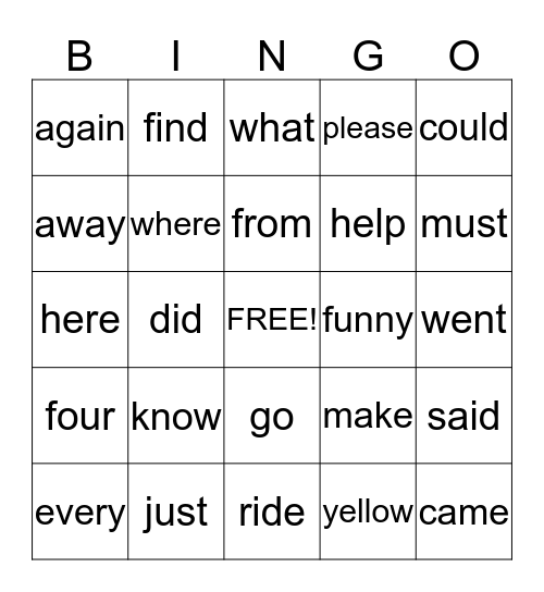 Sight Word Bingo Card