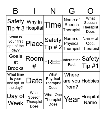 Orientation Bingo Card