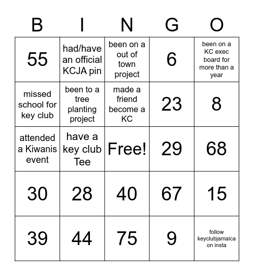 KEY CLUB Bingo Card