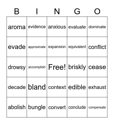 T2 Vocabulary (1) Bingo Card