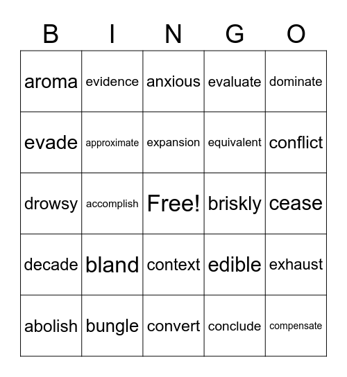 T2 Vocabulary (1) Bingo Card