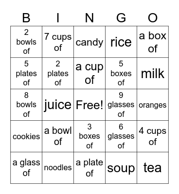 Food and Quantifiers Bingo Card