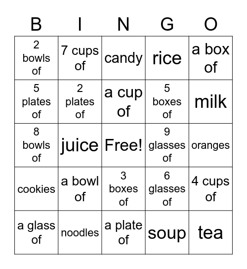 Food and Quantifiers Bingo Card