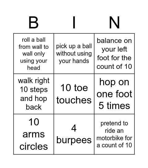 Class gymnastics Bingo Card