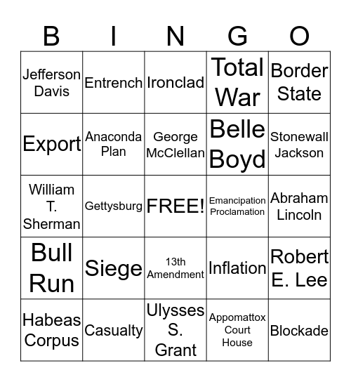 McCulloch Civil War Bingo Card