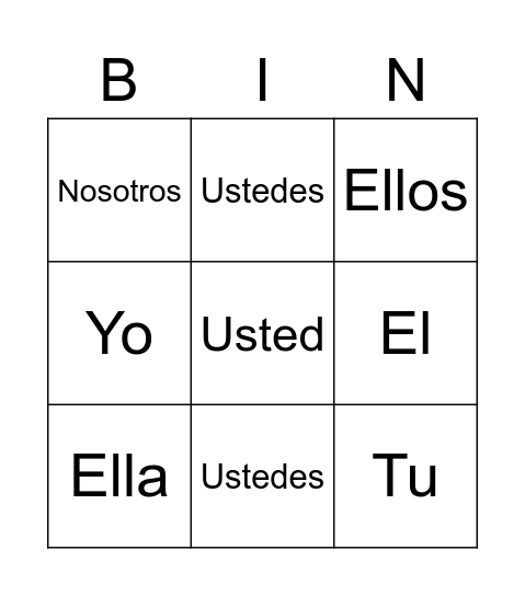 Pronouns Bingo Card