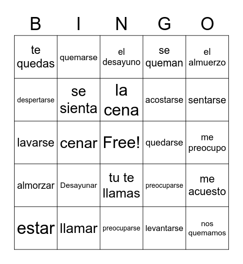 Vocabulario A2 Bingo Card