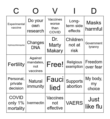 COVID-19 Anti-Vax Bingo Card