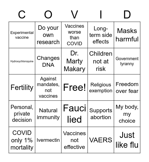 COVID-19 Anti-Vax Bingo Card