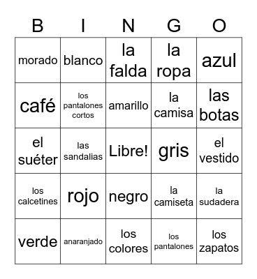 colors and clothing in Spanish Bingo Card