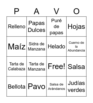 Acción De Gracias Bingo Card