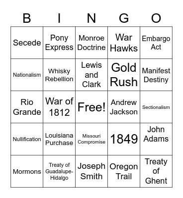 Unit 2 --Presidents and Westward Bingo Card