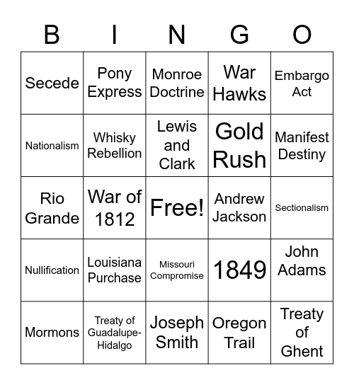 Unit 2 --Presidents and Westward Bingo Card