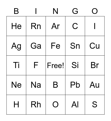 Chemistry Periodic Table Bingo Card