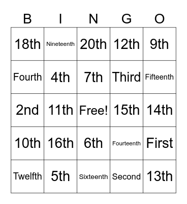 Ordinal Bingo Card