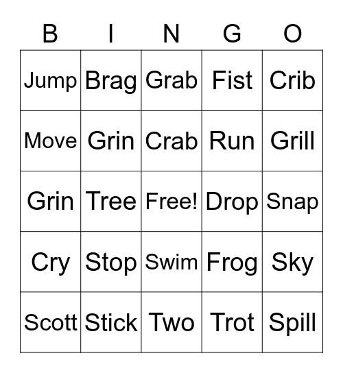 S+R Blend Digraph Bingo Card