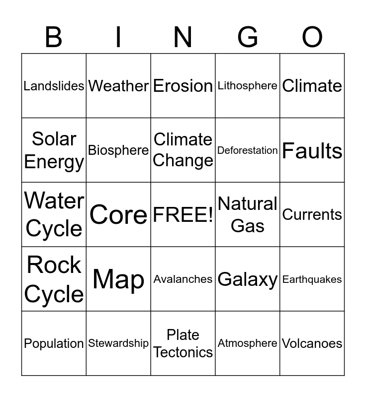 Earth Science Bingo! Bingo Card