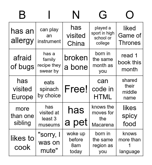 ICAR Team Bingo Card