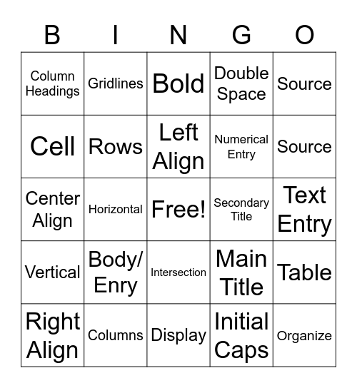 Table Bingo Card